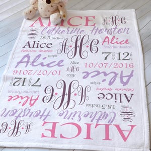 May include: A white baby blanket featuring repeating pink and purple text including the name Alice, Catherine Houston, the date 10/07/2016, the time 4:47pm, the weight 7 pounds 12 ounces, and the length 47 cm, along with a monogram AHC.