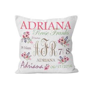 Puede incluir: Almohada blanca con dise&ntilde;o floral rosa y el texto "ADRIANA Reese Franks 21 pulgadas 9:16am H&R ADRIANA Adriana 06/17/2016"