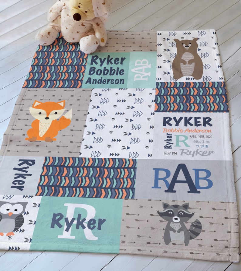 Forest Animals Baby Blanket Personalized Baby Boy Gift Etsy