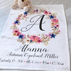 May include: A white blanket featuring a floral wreath surrounding the letter A, with the name Alanna Autumn Copeland Miller, birth date 19 September 2016, weight 7lbs 0.6oz, length 49cm, and birth time 12:50am printed in black script and serif fonts.