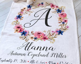 Baby Monogrammed Blanket - Baby Name Blanket - Newborn Baby Blanket - Personalized Baby Blanket - Crib Blanket - Floral Baby Blanket