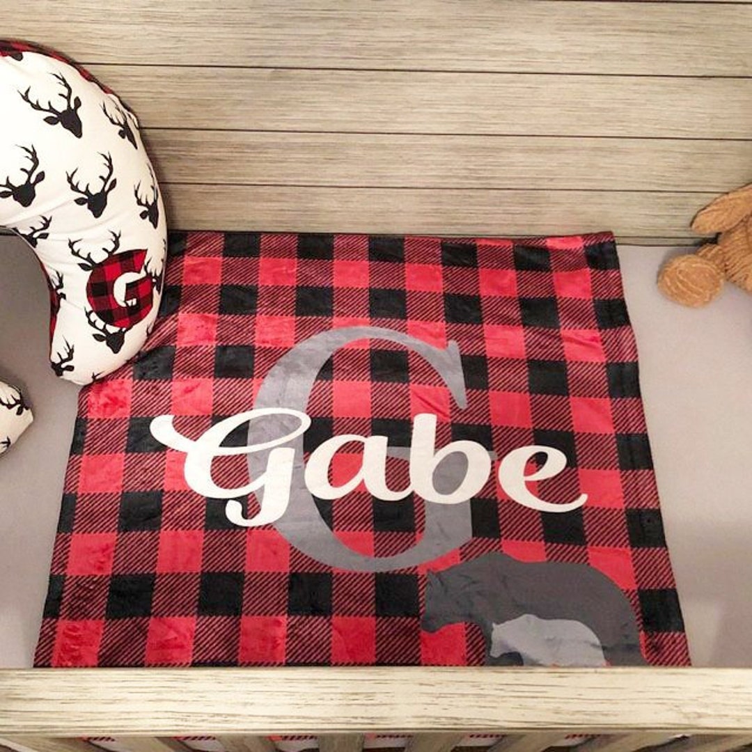 Buffalo Plaid Baby Blanket Personalized Bear Baby Boy Gift Baby Shower Gift Buffalo Plaid Baby