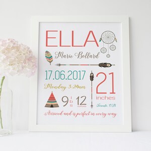 May include: A framed print with the name "ELLA" in coral letters, featuring a dreamcatcher, arrow, and teepee illustrations. The print includes the date 17.06.2017, time, weight, and height of 21 inches. A vase of pink flowers is in the foreground.