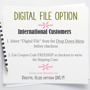 May include: A white paper with text in various fonts, including "DIGITAL FILE OPTION" and "International Customers." Instructions are provided for digital file purchases, with a pencil in the upper left corner.