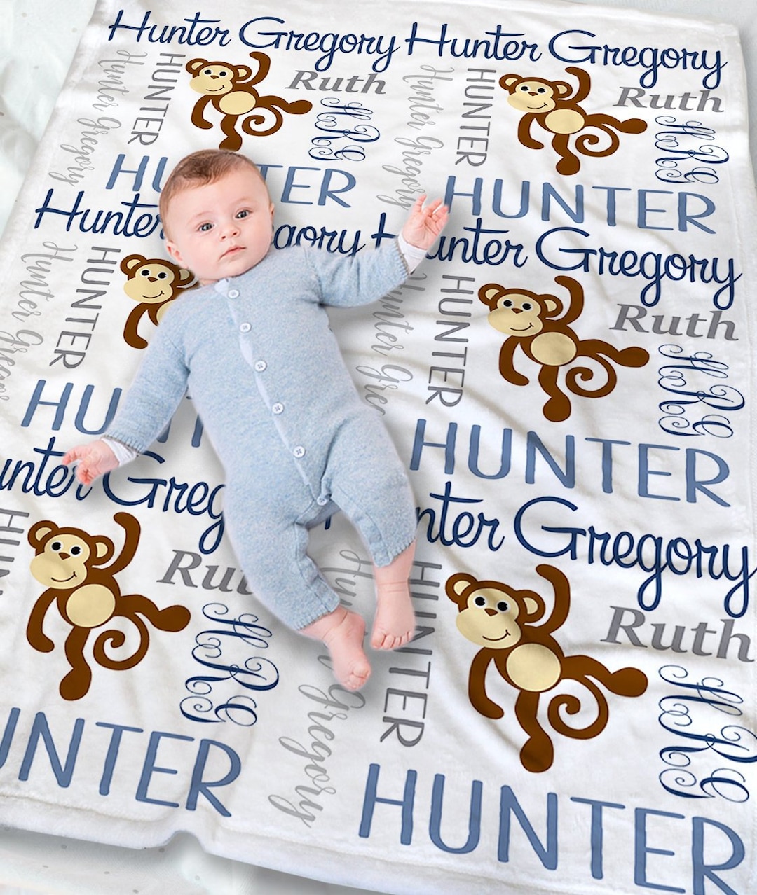 Personalized Monkey Baby Blanket Custom Baby Name Blanket Newborn