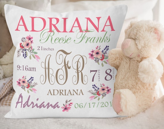 Floral Baby Name Gift, Personalized Nursery Pillow, New Baby Gift, Baby Girl Gift, Kidst Throw Pillow, Nursery Decor, Kids Room Decor