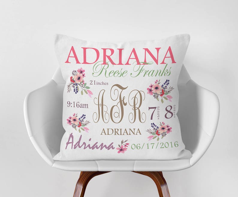 Puede incluir: Almohada blanca con dise&ntilde;o floral rosa y el texto "ADRIANA Reese Franks 21 pulgadas 9:16am H&R 7 libras 8 onzas ADRIANA Adriana 06/17/2016"