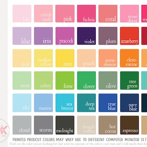 K&ouml;nnte beinhalten: Farbmuster-Tabelle mit verschiedenen Farbfeldern, darunter Rosa, Lila, Gelb, Gr&uuml;n, Blau und Braun. Jedes Feld ist mit seinem Farbnamen beschriftet, wie z. B. &bdquo;lily&ldquo;, &bdquo;iris&ldquo; und &bdquo;midnight&ldquo;. Der Text &bdquo;COLOR SAMPLES&ldquo; steht oben, das Veve & K Logo unten.