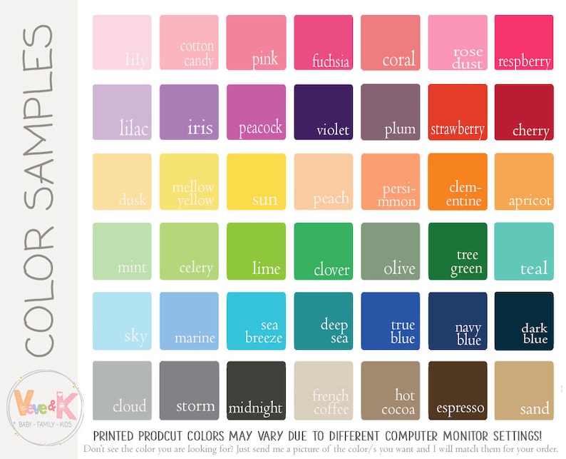 K&ouml;nnte beinhalten: Farbmuster-Tabelle mit verschiedenen Farbfeldern, darunter Rosa, Lila, Gelb, Gr&uuml;n, Blau und Braun. Jedes Feld ist mit seinem Farbnamen beschriftet, wie z. B. &bdquo;lily&ldquo;, &bdquo;iris&ldquo; und &bdquo;midnight&ldquo;. Der Text &bdquo;COLOR SAMPLES&ldquo; steht oben, das Veve & K Logo unten.