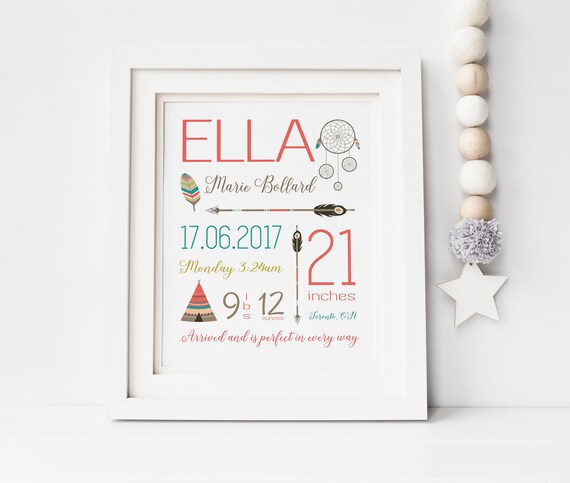 Tribal Birth Stats Print, Tribal Baby Wall Art, Tribal Nursery Decor, New Baby Gift, Birth Announcement Print, Dreamcatcher Print, Wall Art
