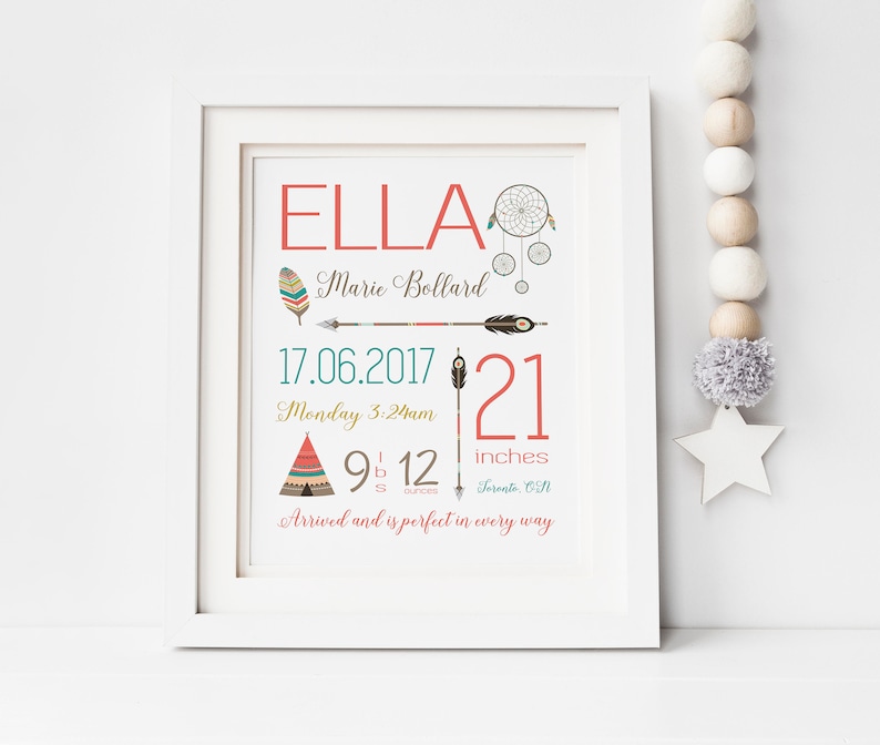 May include: A framed print with the name "ELLA" in coral. The print includes birth details: date, time, weight, and length (21 inches). Decorative elements include a dreamcatcher, arrow, and teepee. The frame is white.