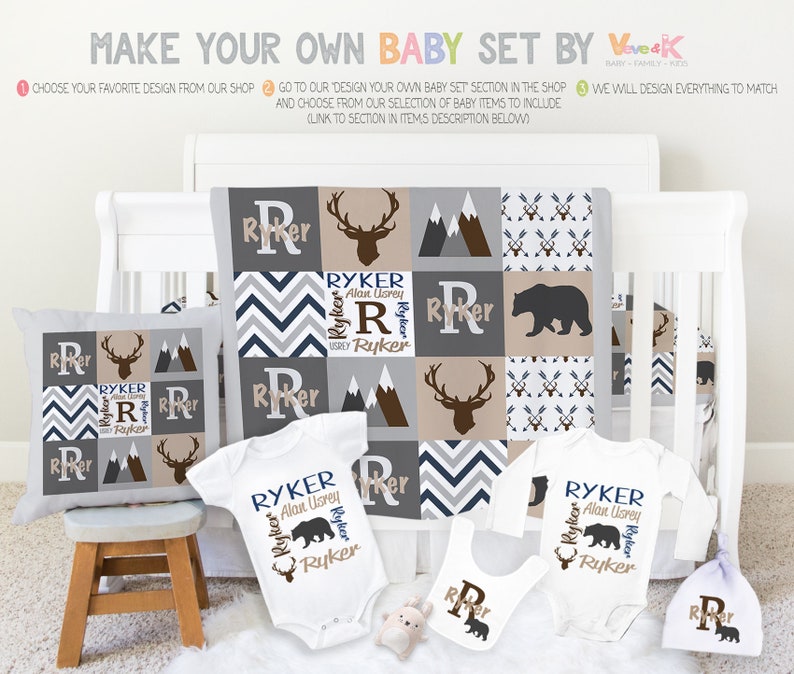 May include: A personalized baby set with a woodland theme. The set includes a blanket, pillow, onesie, bib, and hat. The blanket is made of a patchwork of gray, brown, and white fabric with a chevron pattern. The pillow, onesie, bib, and hat are all white with a brown bear, deer, and mountains design. The text "Ryker Alan Usrey" is embroidered on the onesie, bib, and hat.