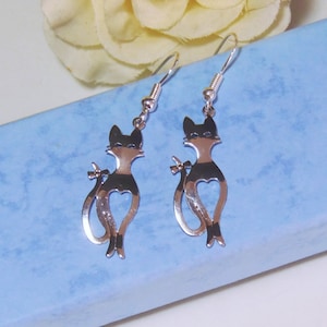 Handmade Silver Plated Cat Drop Earrings 925 Silver Wires
