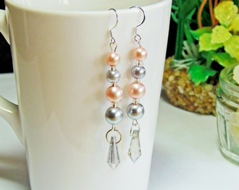 Handmade Faux Pearl and Crystal Long Drop Earrings