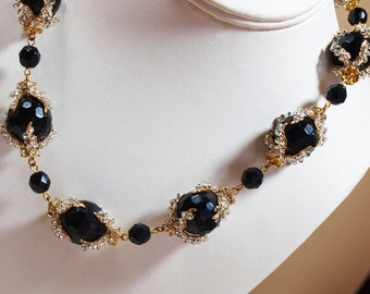 Beautiful Black and Diamante Handmade Beaded Necklace