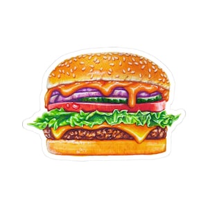 May include: A detailed illustration of a hamburger with sesame seed bun, dripping sauce, and layers of lettuce, tomato, red onion, cucumber, and melted cheese. The burger is a sticker with a white border.
