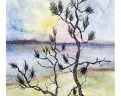 Pine Tree with Lake Superior Sunset Original Watercolor Painting and Ink Approx. 6 x 8 Inches