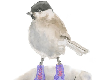 Bird in Purple Boots Fine Art Print 6 1/2 x 7 1/2 inches