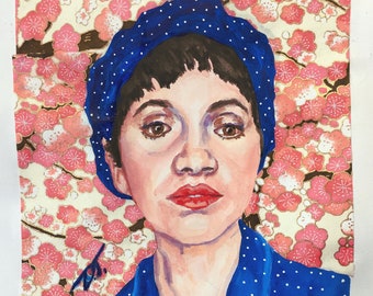Jenell in the Cherry Blossoms Original Painting and Collage 5 x 7 Inches