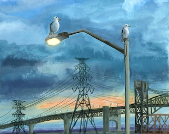 Seagulls on a Streetlight by Lake Ontario Fine Art Print