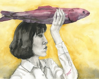 Lady With Fish Fine Art Print 5 1/3 Inches x 8 Inches