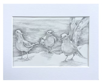 Three Seagulls by the Lake Original Artwork in Pencil Approximately 5 1/2 x 8 Inches