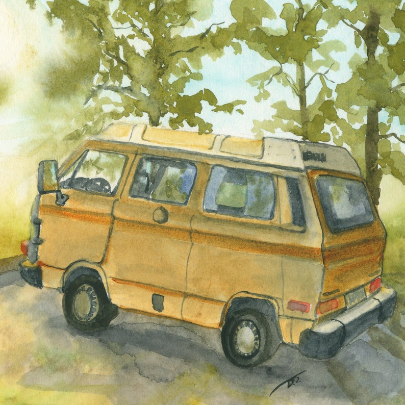 Yellow Camper Van in Summer Fine Art Print Approximately 5 13 inches x 8 inches