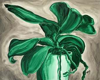 Green Orchid Plant With Grey Background Fine Art Print
