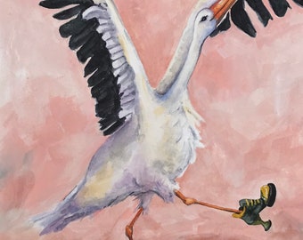 Dancing Stork in Fluevog Inspired platform Shoes Fine Art Print 5 1/2 x 7 inches