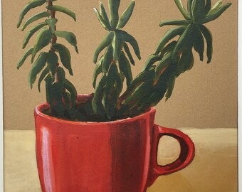 Succulent in Red Coffee Cup Original Acrylic Ink Painting 6 x 8 Inches