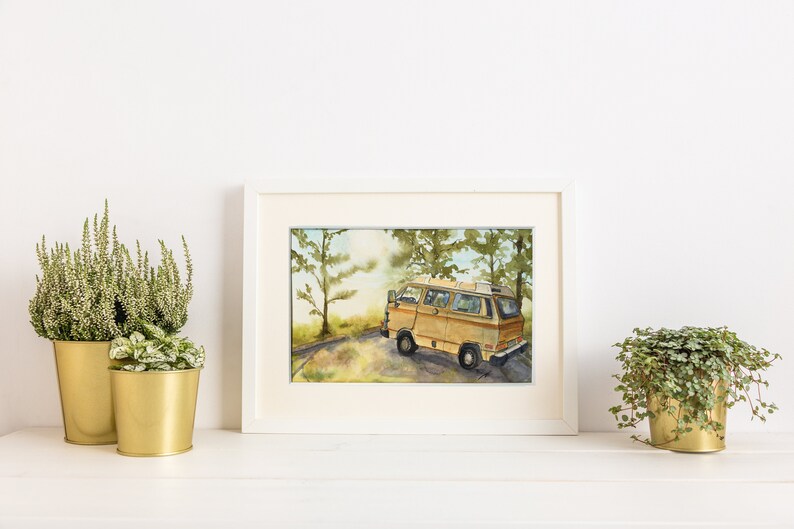 Yellow Camper Van in Summer Fine Art Print Approximately 5 13 inches x 8 inches