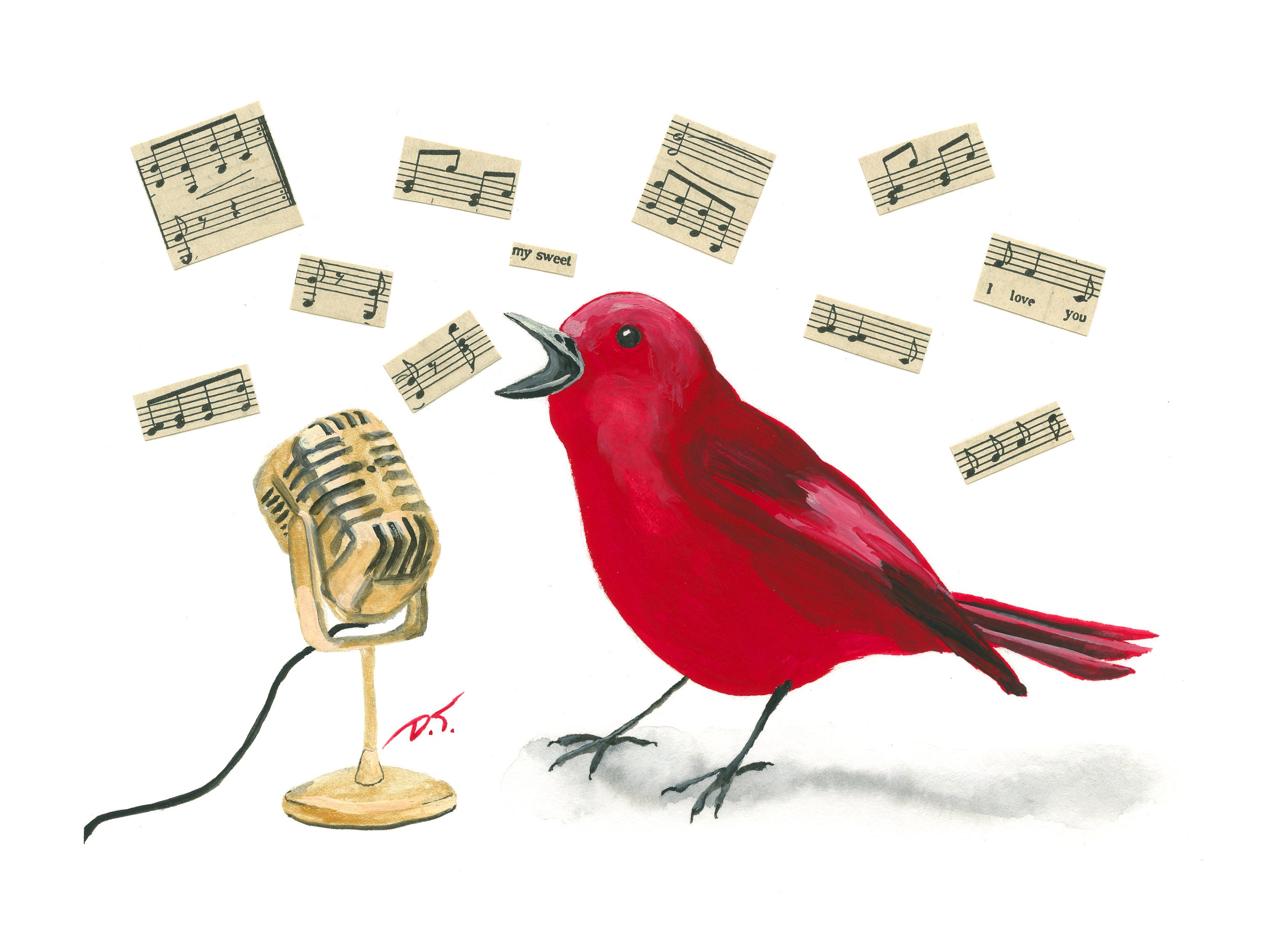 Singing Red Songbird With Gold Microphone Fine Art Print 5 x 7 Inches
