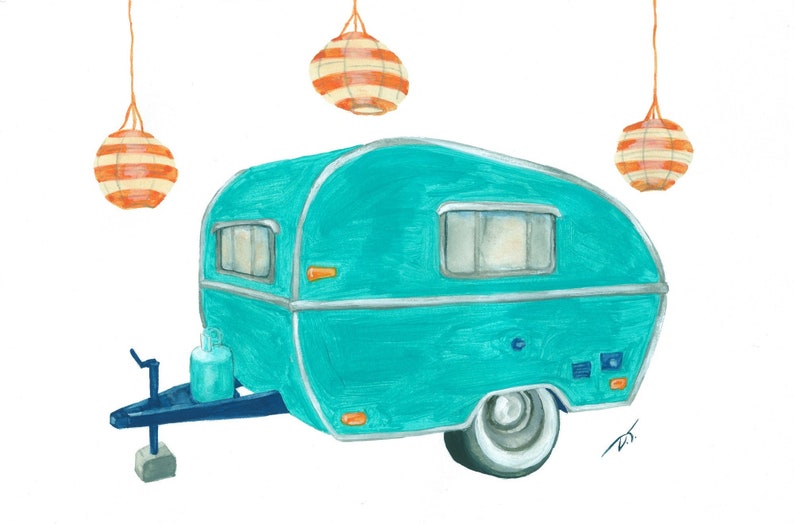 Turquoise Camper Trailer With Paper Lanterns Fine Art Print 6 x 8 Inches image 1