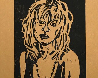 Courtney Love Inspired Linocut Block Print on brown Stonehenge paper