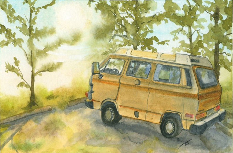 Yellow Camper Van in Summer Fine Art Print Approximately 5 13 inches x 8 inches