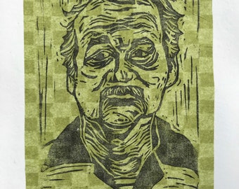 Bill Murray Inspired Linocut Block Print on Olive Green Checkered Japanese Tissue Paper Mounted on Acid Free Paper