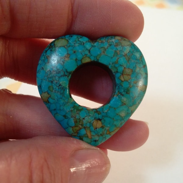 Turquoise Hearts, Mosaic Turquoise Color, Blue Green Heart Bead, Heart Pendant made of Magnesite Chips and Resin. Listing is for 2 Beads