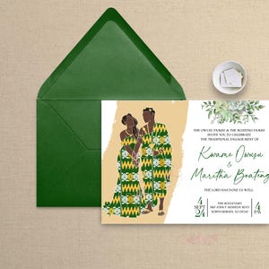 Awefa - Kente verde e oro/Singolo lato/Invito di fidanzamento tradizionale/Cartoleria per matrimonio dell'Africa occidentale/Disegno floreale/Ghana/File digitale