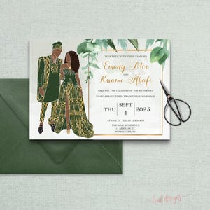 Mita – Invito per cerimonia di matrimonio tradizionale africana color oliva intenso (monofacciale)/Cartoleria per celebrazioni africane/Fiore verde/File digitale