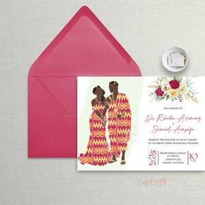 Awefa - Kente lampone e oro/Singolo lato/Invito di fidanzamento tradizionale africano/Cartoleria per matrimonio/Disegno floreale/Togolese/File digitale