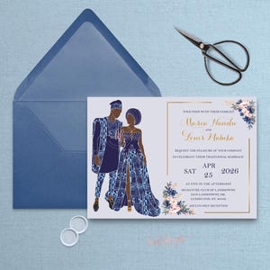 Mita (monofacciale) con copricapo/Invito di nozze tradizionale del Camerun – Blu e bianco/Cartoleria illustrata africana/Biglietto digitale