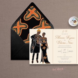 Kameni – Sposo in Agbada e sposa con capelli corti / Invito di nozze tradizionale monofacciale / Biglietto di fidanzamento africano / File digitale