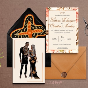 Kameni con sposa in trecce/Inviti bifacciali/Biglietto di nozze tradizionale/Cartoleria/Invito di nozze africano/File digitale del Camerun