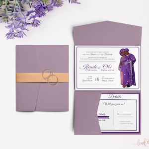 Ade - Yoruba Violet |Faire-part Mariage – Design | Tissu Aso Oke & Agbada | Mariage Nigérian | Carte Traditionnelle Numérique