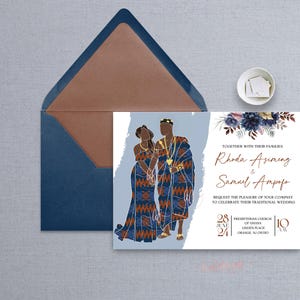 Awefa - Kente blu navy e marrone cannella/Singolo lato/Invito di nozze tradizionale africano/Cancelleria per matrimoni/Disegno floreale/Togo/File digitale