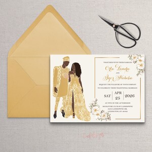 Mita – Oro su Oro (Singolo Fronte) / Invito di Nozze Tradizionale / Carta da Lettere Illustrata con Coppia Africana / Elegante e Moderno / File Digitale