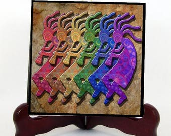 Rainbow Kokopelli Harmony and Beauty Bringer of Spring, Music, Love, Fertility and Joy  Porcelain Tile Plaque (6 X 6) Easel Included
