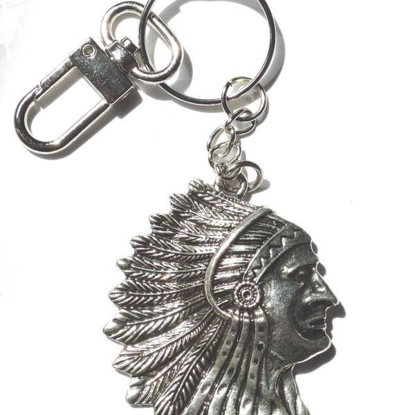 American Indian Chief Head Anodized Silver Pendant Key Chains Two Styles to Choose From (SIDE, SILVER)