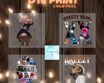 May include: A DTF print cold peel transfer sheet featuring four distinct graphic designs. The images include portraits of a man, the text BREEZY BOWL XX, and collage-style layouts with various photographic elements and artistic lettering.
