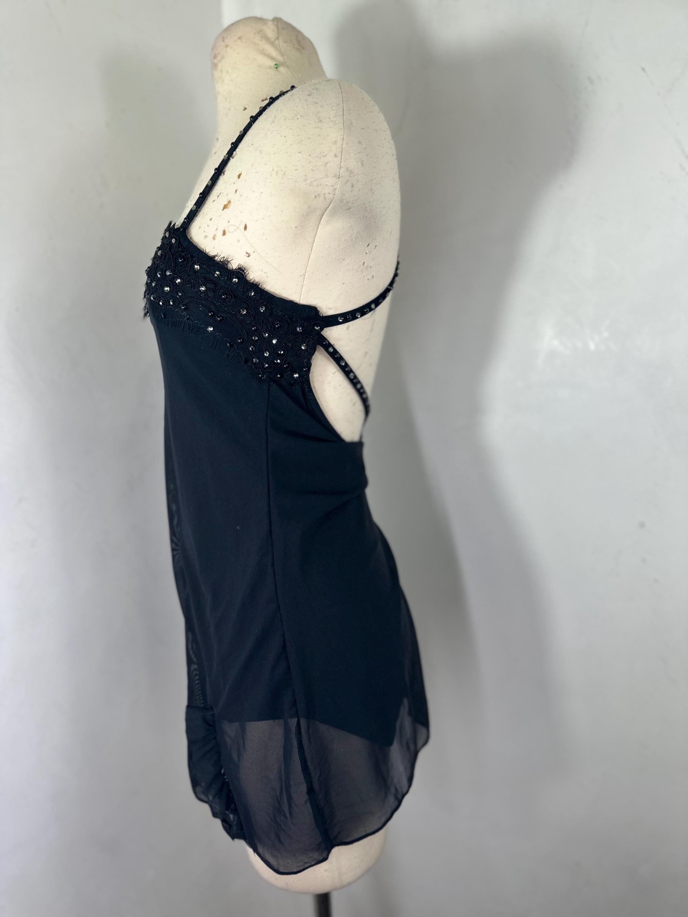 Black Lyrical Dance Costume, Beaded French Lace, Rhinestone Solo Costume